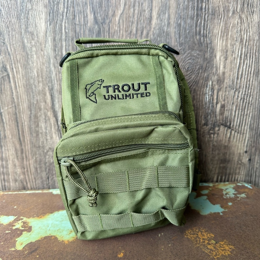 Trout Unlimited Fishing Sling Chest Pack Bag OD Green Nylon Canvas with Strap